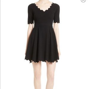 Milly V Neck Scalloped Knit Fit & Flare Dress